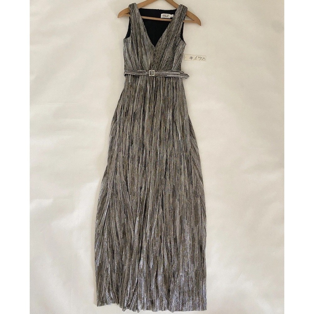 Eliza‎ J Gold Silver Metallic Gown Dress 2 Belted Sleeveless Event Gala Formal - Picture 2 of 13